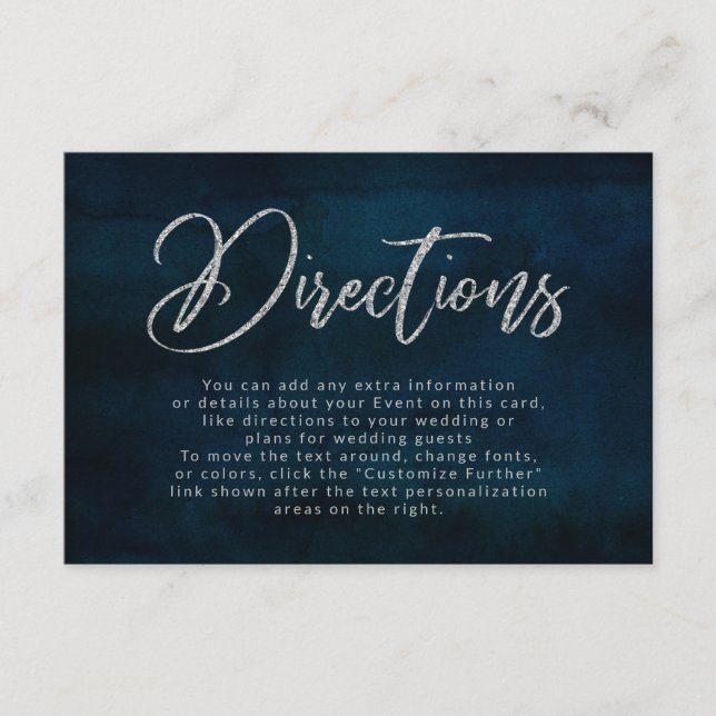 Carte D'accompagnement Marine Luster Bleu foncé Argent Mariage Directions (Devant)