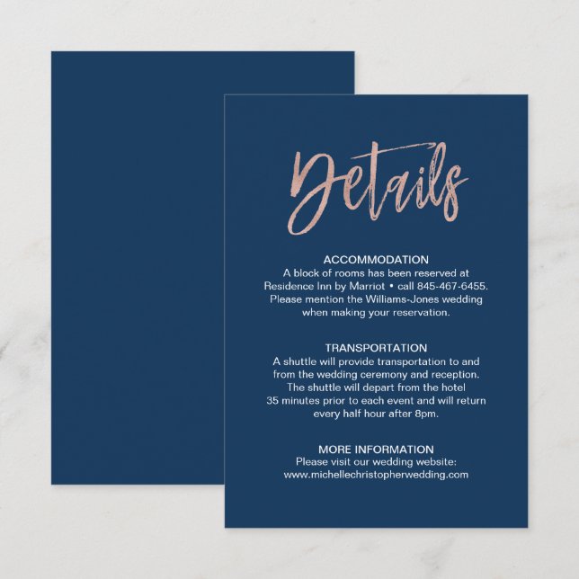 Carte D'accompagnement Marine & Rose Gold Glam Chic Mariage Détails Insér (Devant / Derrière)