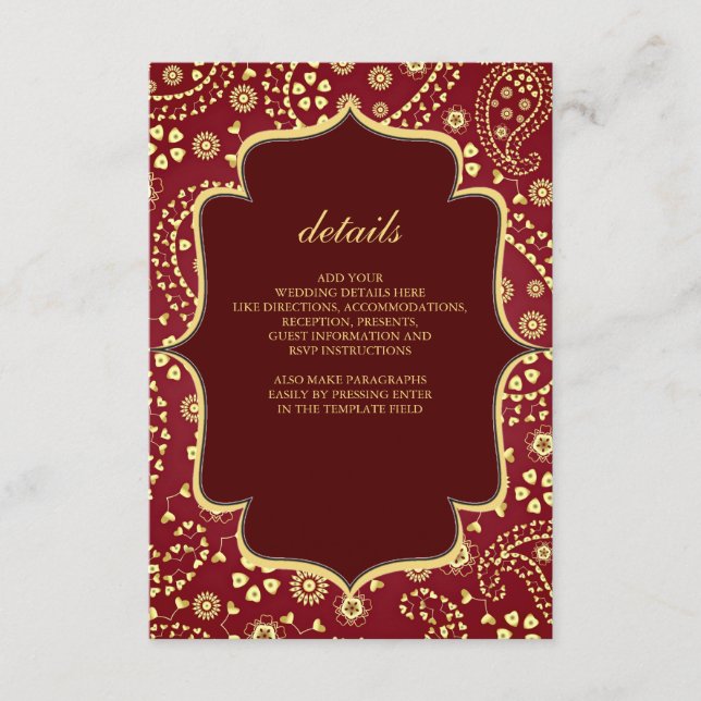 Carte D'accompagnement Maroon Gold Paisley Bollywood Style Mariage indien (Devant)