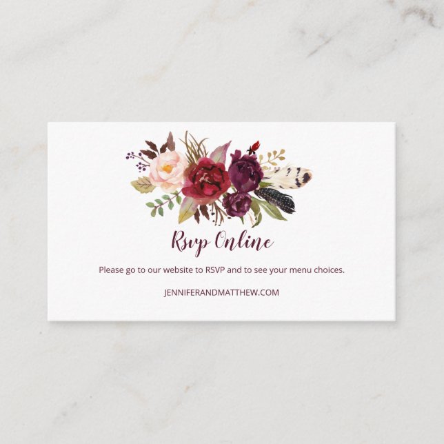 Carte D'accompagnement Marsala Boho Plumes Floral RSVP en ligne | (Devant)