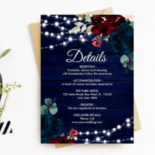 Carte D'accompagnement Marsala & Navy Flowers Rustic Wood Détails