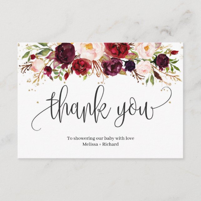 Carte D'accompagnement Marsala rustique baby shower d'or floral bordeaux (Devant)