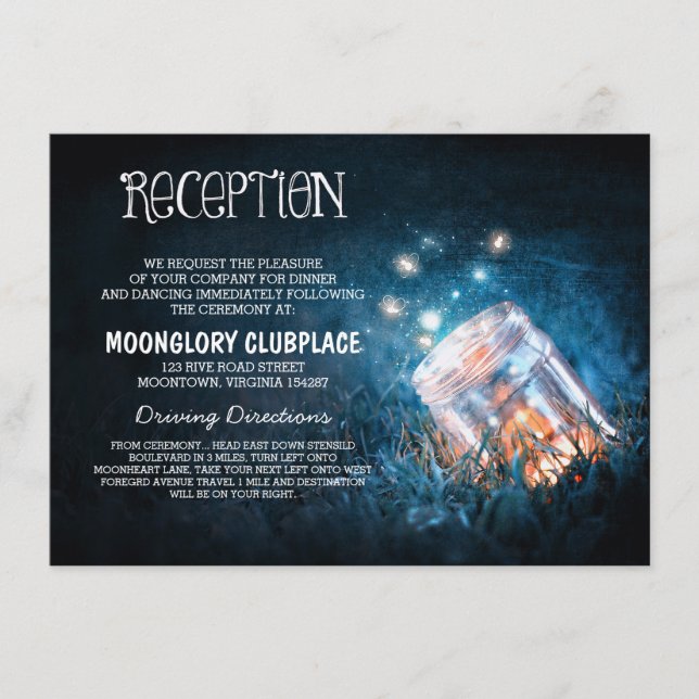 Carte D'accompagnement mason jar lucioles nuit bleue mariage réception (Devant)