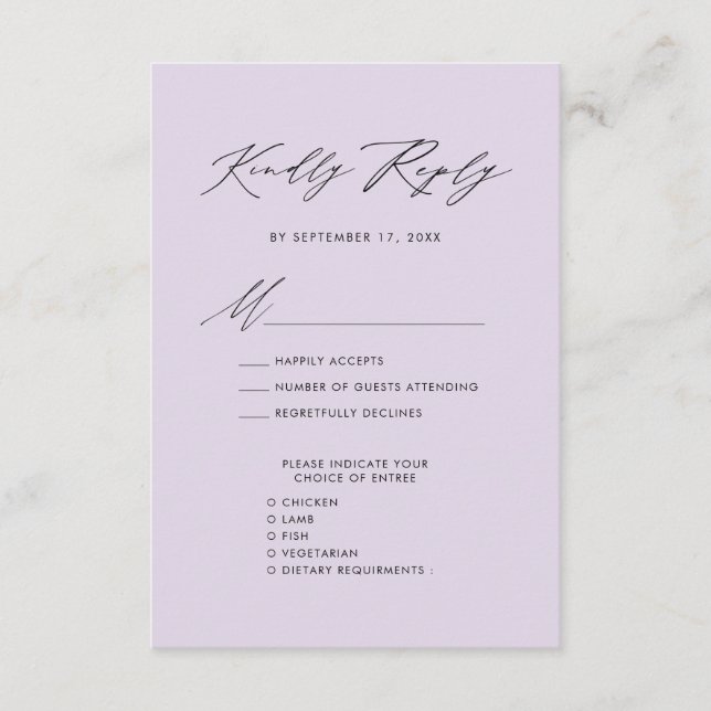 Carte D'accompagnement Mauve Élégant Script Minimaliste Mariage RSVP (Devant)
