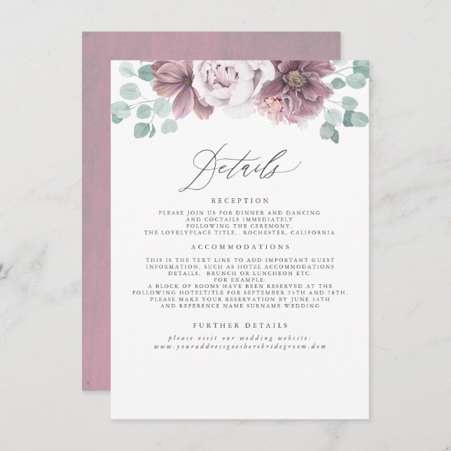 Carte D'accompagnement Mauve Floral Information Mariage (Devant / Derrière)
