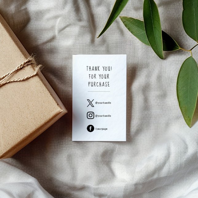 Carte D'accompagnement Médias sociaux, noir et blanc insérer la carte. (White enclosure card with fun black text that says "THANK YOU FOR YOUR PURCHASE" and 3 social icons)