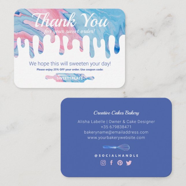 Carte D'accompagnement Merci | Boulangerie en marbre rose Bleu Remise (Devant / Derrière)