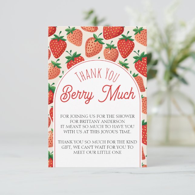 Carte D'accompagnement Merci de Baby shower Berry Sweet Strawberry (Debout devant)
