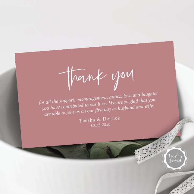 Carte D'accompagnement Merci mariage, boîtier de script simple moderne (Wedding Thank you card, in modern casual script, dusty rose design)