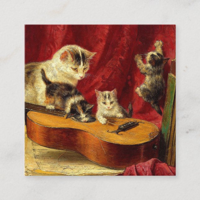 Carte D'accompagnement Mère Chat et chatons Jouer avec la guitare (Devant)