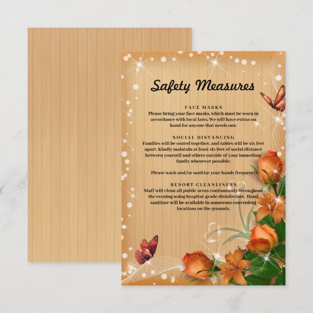 Carte D'accompagnement Mesure de sécurité papillon floral orange en bois  (Devant / Derrière)