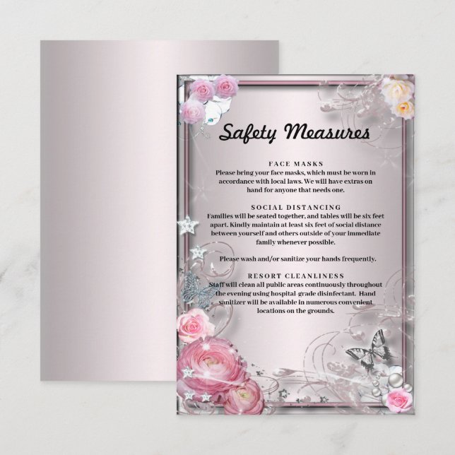 Carte D'accompagnement Mesures de sécurité pour fleurs roses et papillons (Devant / Derrière)
