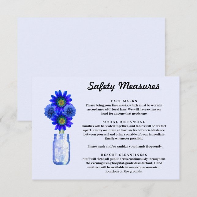Carte D'accompagnement Mesures de sécurité pour pot Mason Fleurs bleues (Devant / Derrière)