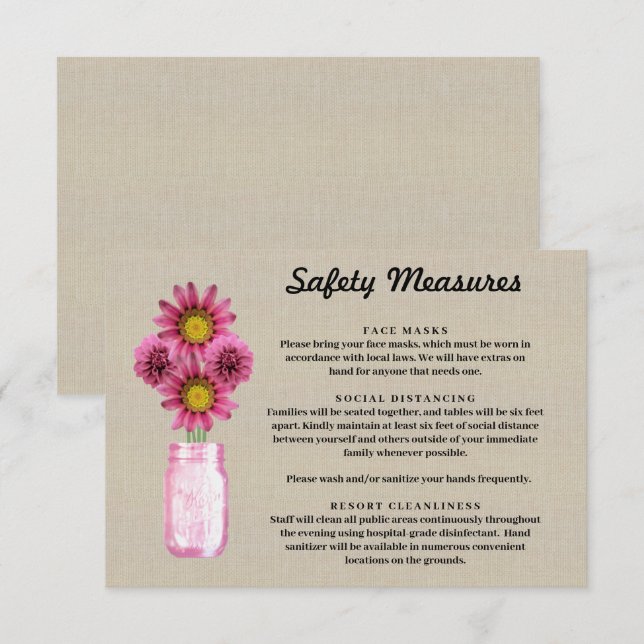 Carte D'accompagnement Mesures de sécurité pour pot Mason floral rose en  (Devant / Derrière)