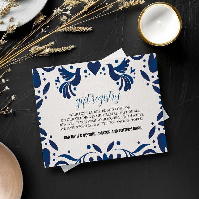 Carte D'accompagnement Mexique Otomi bleu Floral Élégant Mariage Fiesta (Mexican Otomi Blue Floral Elegant Fiesta Wedding Enclosure Card)
