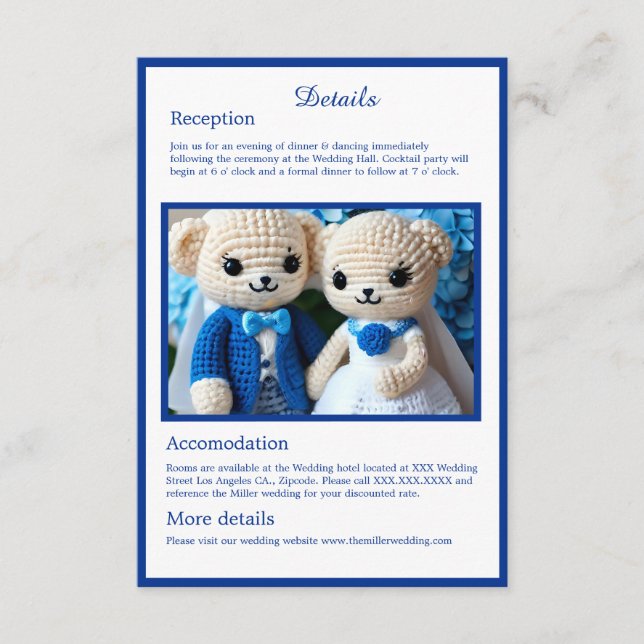 Carte D'accompagnement mignon bleu & blanc crochet mariage couple (Devant)