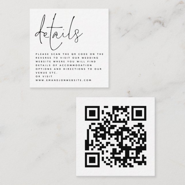 Carte D'accompagnement Mini code QR Script noir blanc Détails du Mariage (Devant / Derrière)
