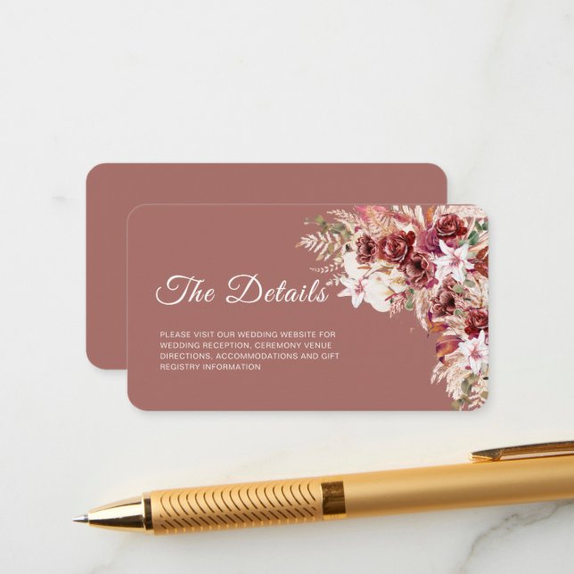 Carte D'accompagnement Mini Dusty Rosewood Floral QR Code Insert  (Devant/Arrière en situation)