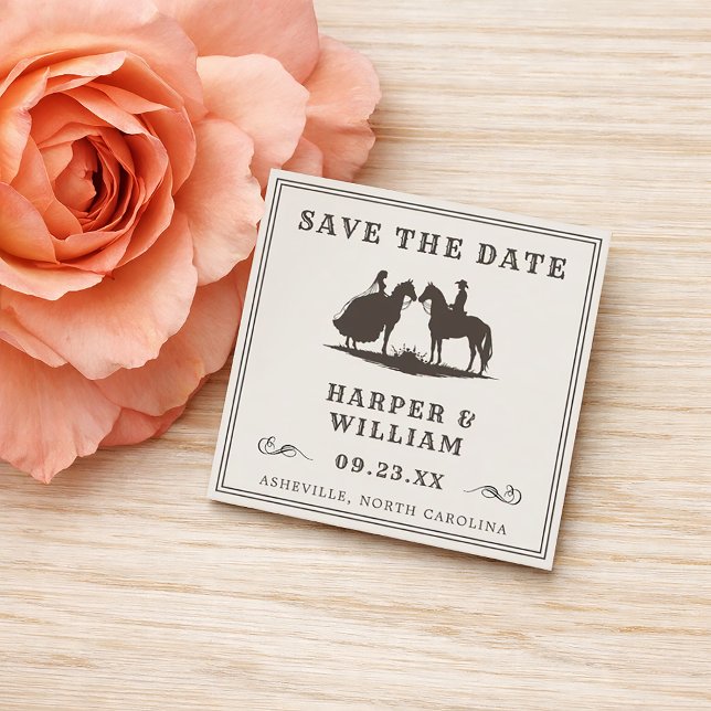 Carte D'accompagnement Mini mariage western silhouette à cheval (Mini save the date cowboy wedding featuring silhouettes of a bride and groom on horseback.)