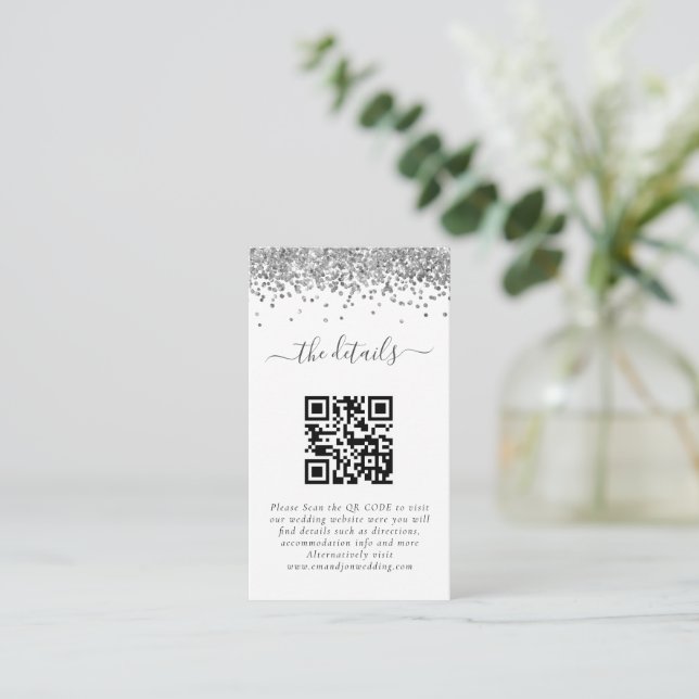Carte D'accompagnement Mini Parties scintillant argent QR Code Détails du (Debout devant)