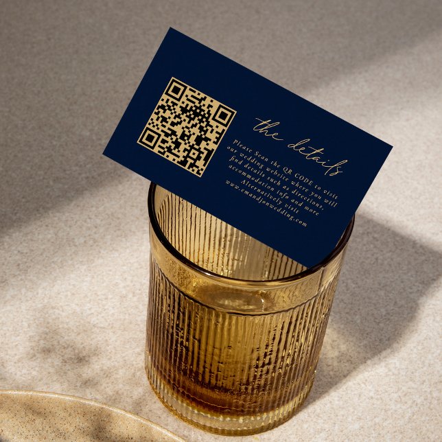 Carte D'accompagnement Mini QR Code Gold Script Navy Blue Mariage Détails (Créateur téléchargé)