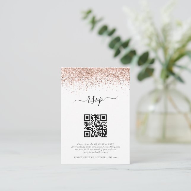 Carte D'accompagnement Mini Rose Gold Glitter QR Code Mariage RSVP (Debout devant)