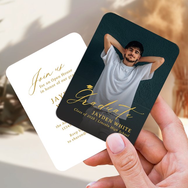 Carte D'accompagnement Mini script moderne or photo de remise de diplôme (Gold Mini Modern Script Photo Graduation Enclosure Card)