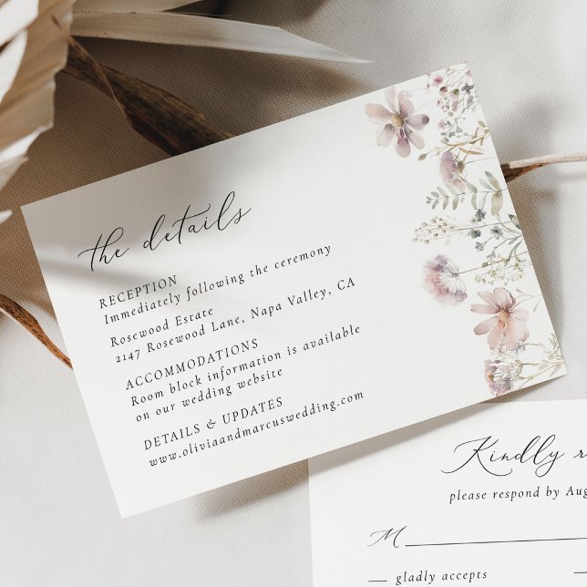 Carte D'accompagnement Minimal Blush Wildflower Wedding Details (Boho garden wedding details insert featuring soft blush flowers and refined editorial typography)