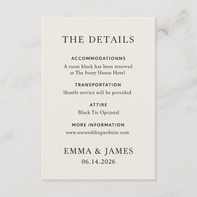 Carte D'accompagnement Minimal Elegant Wedding Details Card (Devant)