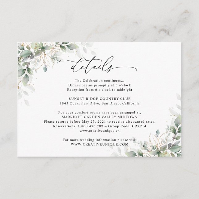 Carte D'accompagnement Minimal Eucalyptus Wedding Details Card (Devant)