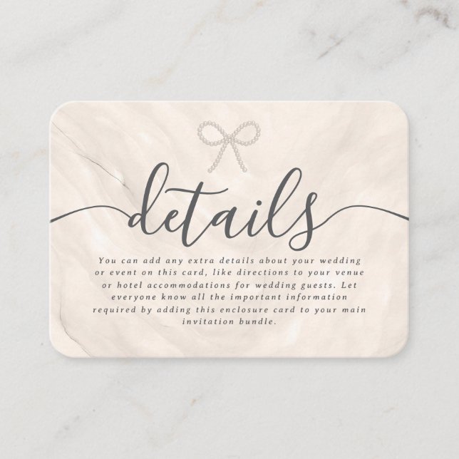 Carte D'accompagnement Minimal Pearl Bow Champagne Wedding Details (Devant)