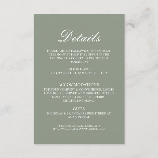 Carte D'accompagnement Minimalist Boho Green Elegant Wedding Details (Devant)
