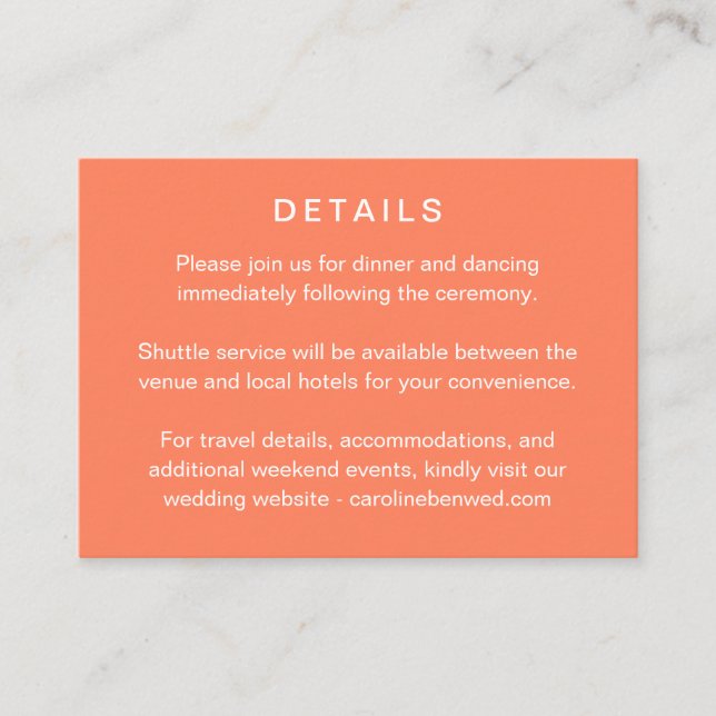 Carte D'accompagnement Minimalist Modern Tangerine Wedding Details (Devant)