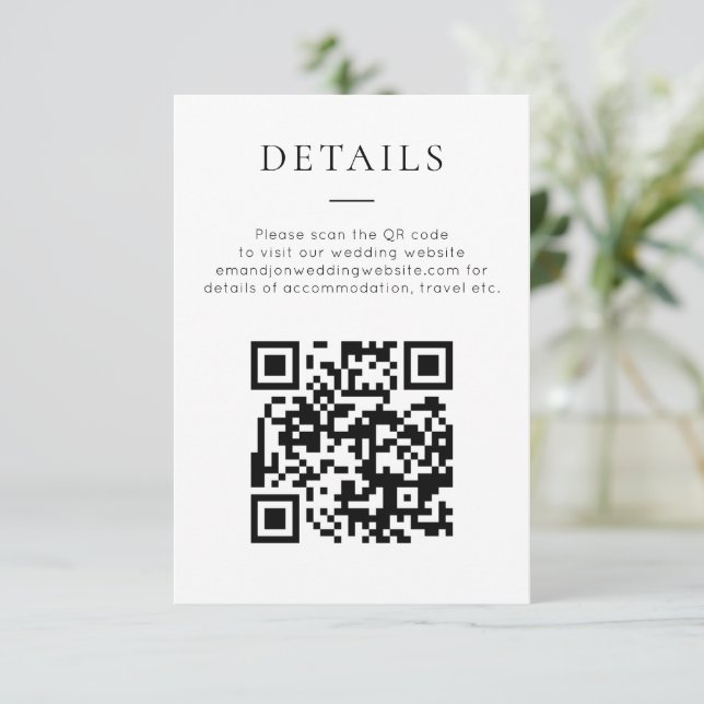 Carte D'accompagnement Minimalist QR Code Black White Wedding Details (Debout devant)