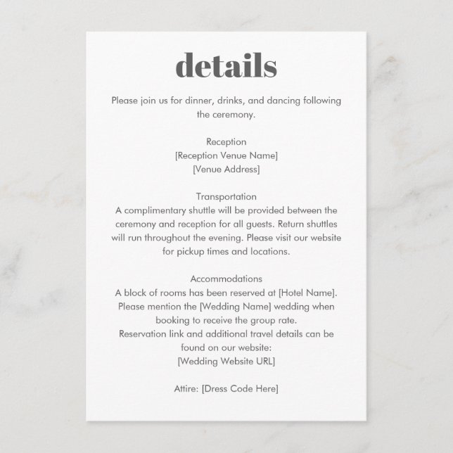 Carte D'accompagnement Minimalist Typography Black White Wedding Details (Devant)