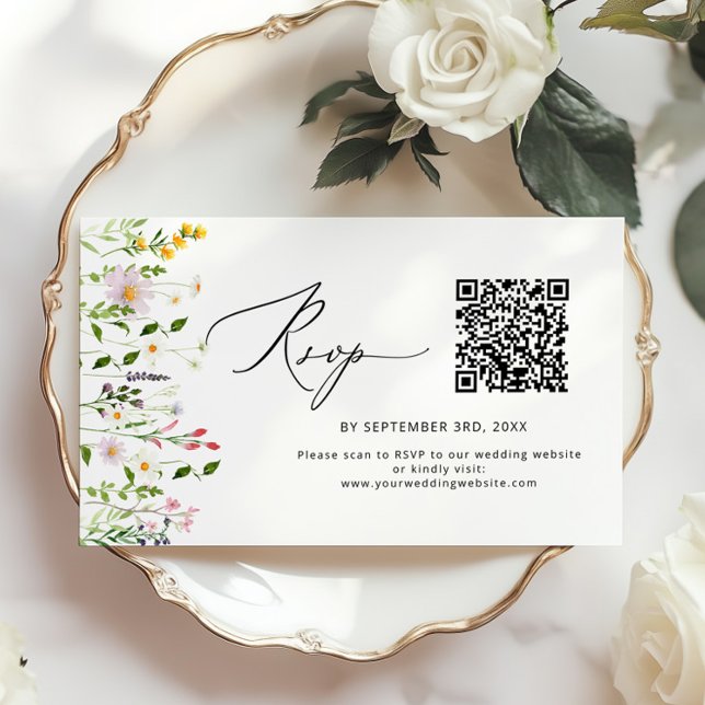 Carte D'accompagnement Minimalist Wildflower QR code wedding RSVP (Créateur téléchargé)