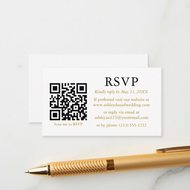 Carte D'accompagnement Minimaliste Mariage simple QR Gold RSVP (Devant/Arrière en situation)