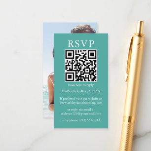 Carte D'accompagnement Minimaliste simple Mariage QR photo Turquoise RSVP