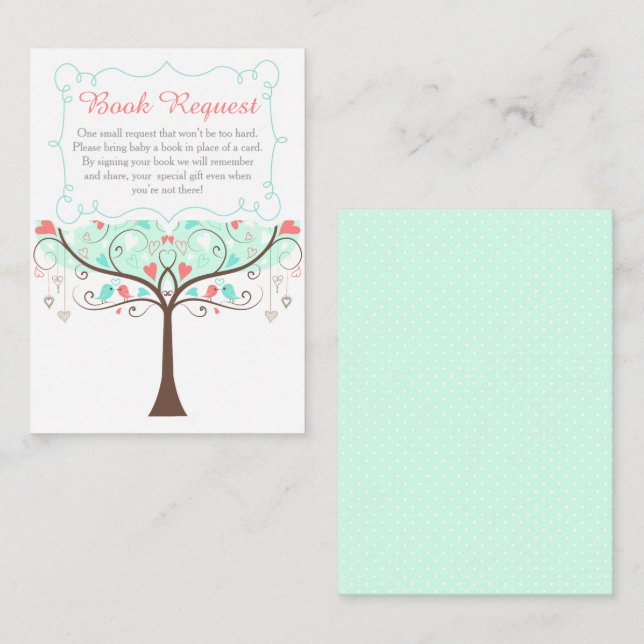 Carte D'accompagnement Mint and Coral Floral Baby Shower Book Request (Devant / Derrière)