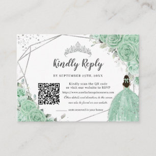 Carte D'accompagnement Mint Vert Floral Argent Quinceañera QR Code RSVP