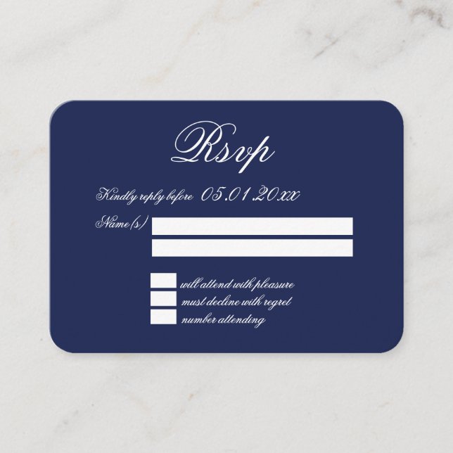 Carte D'accompagnement Minuscule Elégant minimal Marine Bleu Mariage RSVP (Devant)