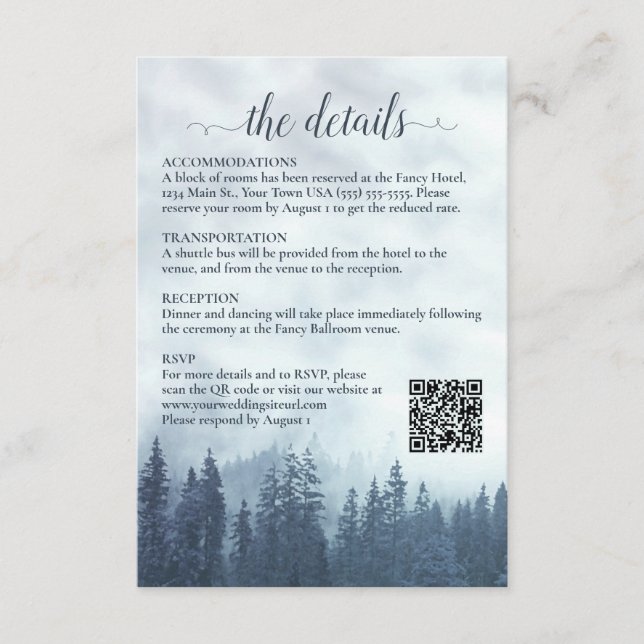 Carte D'accompagnement Misty Blue Pine Trees Détails du Mariage QR Code (Devant)