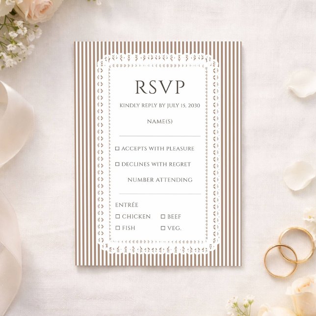 Carte D'accompagnement Mocha Brown Stripe Lace Doily Wedding RSVP (Créateur téléchargé)