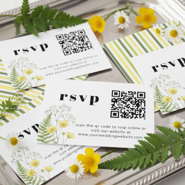 Carte D'accompagnement Modern Citrus Wildflower Stripe QR RSVP (QR Code Online RSVP Cards - from Citrus Green Wildflower wedding collection by Darling & May)