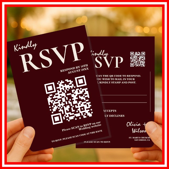Carte D'accompagnement Modern Elegant Burgundy Wedding QR CODE RSVP (Créateur téléchargé)