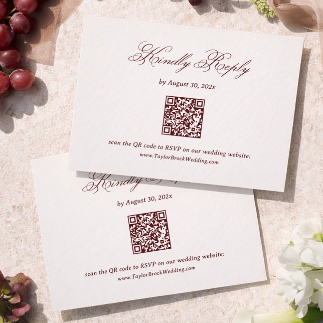 Carte D'accompagnement Modern Ivory and Burgundy Wedding RSVP Qr Code (Créateur téléchargé)
