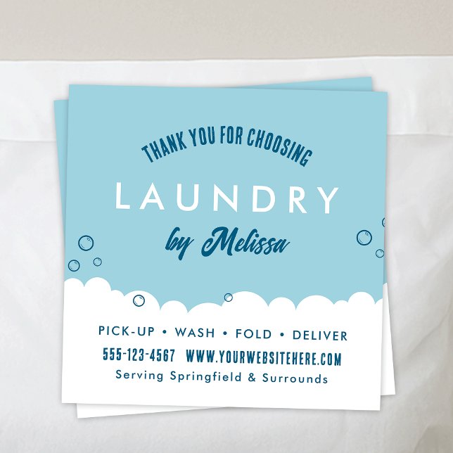 Carte D'accompagnement Modern Laundry Service Blue & White Thank You Card (Thank you cards with your custom business name or logo and contact details )