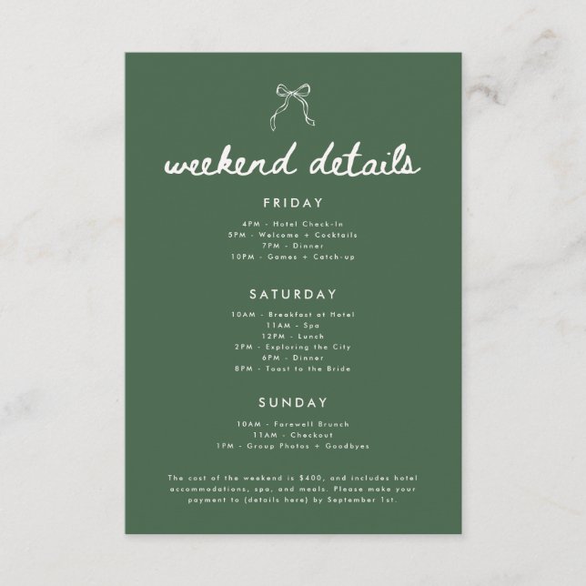 Carte D'accompagnement Modern Olive Green Bachelorette Weekend Details (Devant)