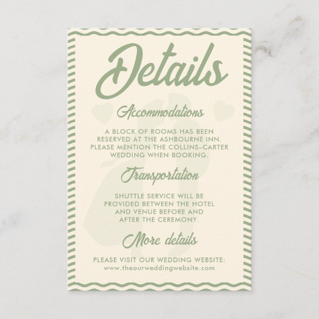 Carte D'accompagnement Modern Sage Green Wavy Stripe Wedding Details (Devant)