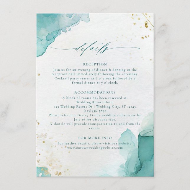 Carte D'accompagnement Modern Teal Gold Abstract Beach Wedding Details (Devant)